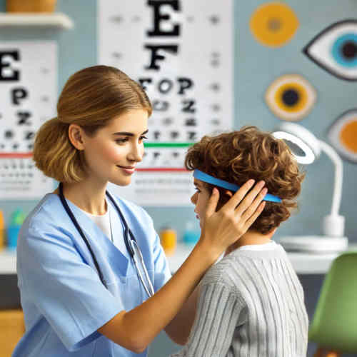 Kind mit Augenverletzung und Ärztin, Untersuchung der Krankheit